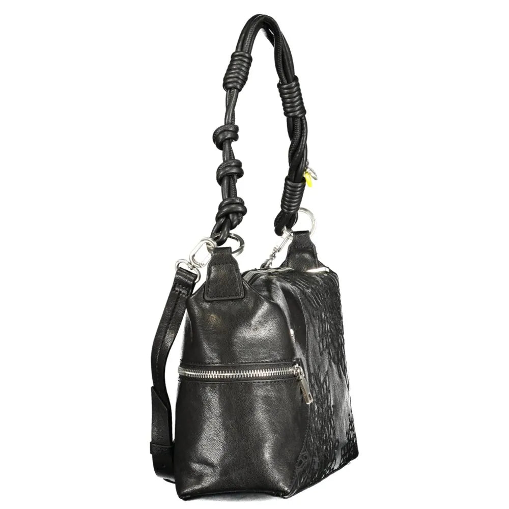 Black polyurethane Desigual women's handbag with knotted top handle, front zip pocket, and removable strap.