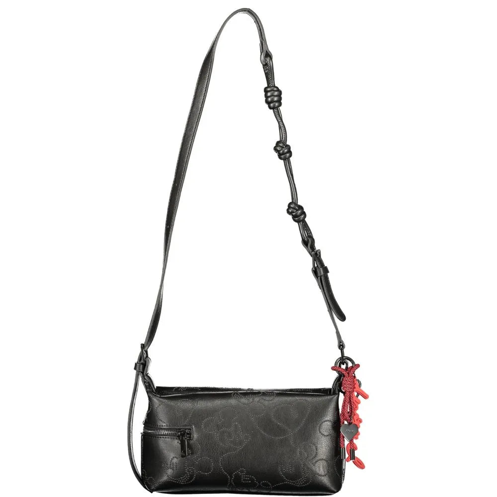 Black Desigual polyurethane crossbody bag with subtle Mickey pattern, front zip pocket, and red tassel charm.