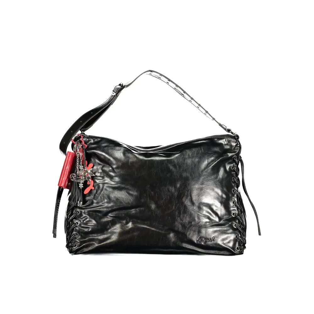 Chic black polyurethane Desigual handbag featuring side ruching, adjustable strap, and a vibrant red keyring charm.