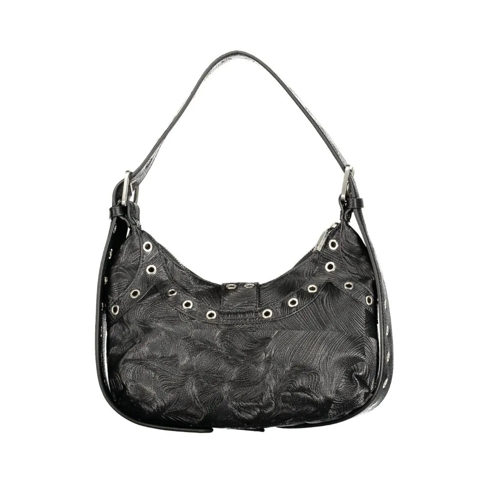 Black polyurethane mini shoulder bag with embossed wavy pattern and silver-tone eyelet details.