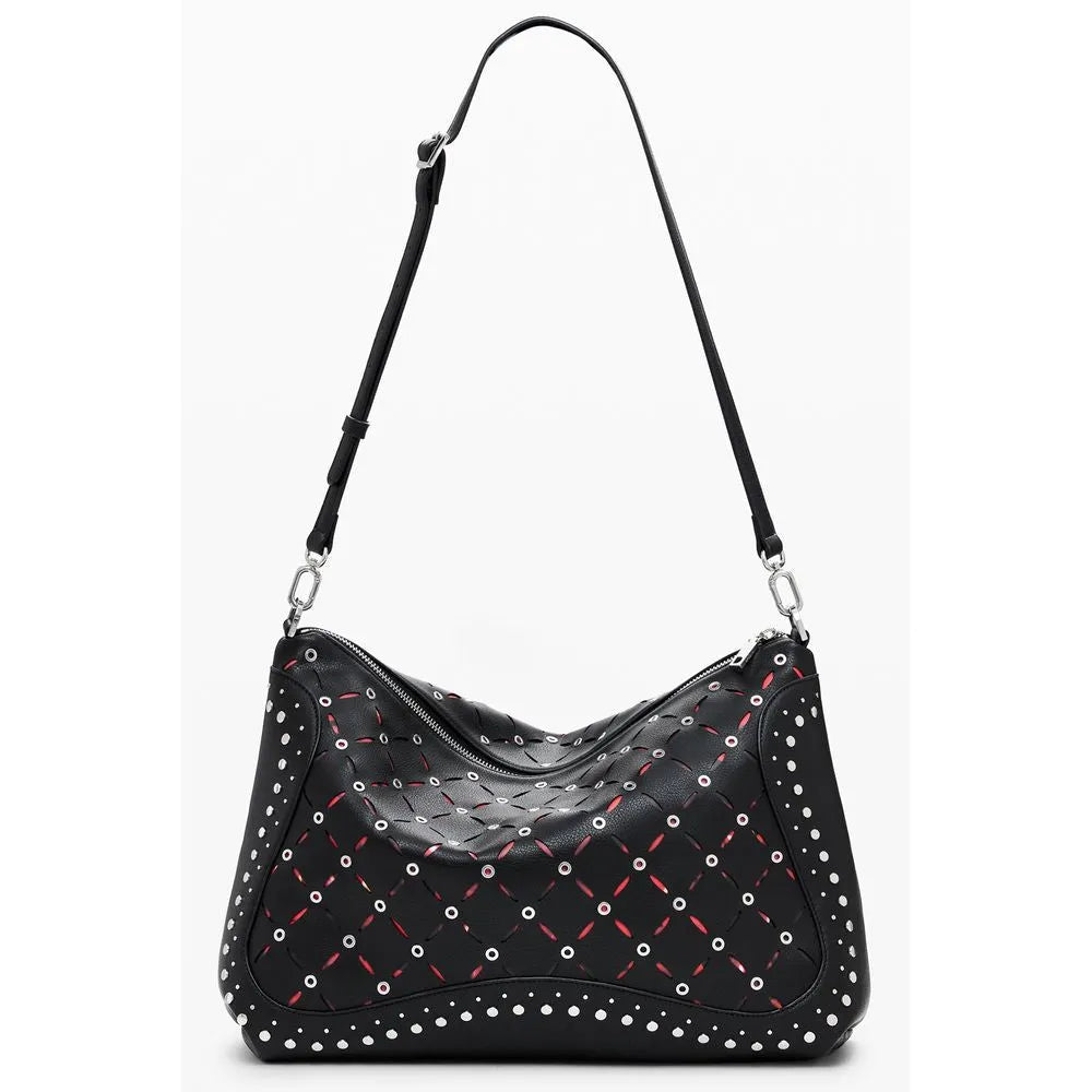 Desigual black polyurethane mini bag with a woven cutout design, red lining, silver studs, and adjustable strap.