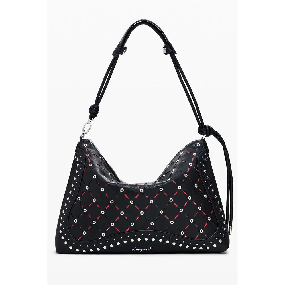 Black polyurethane Desigual mini bag featuring a woven pattern with red lines, silver studs, and a removable strap.