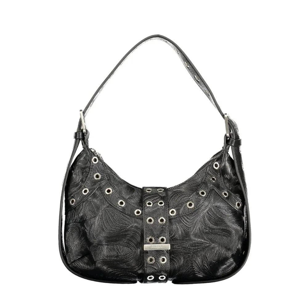 Black Desigual polyurethane mini bag with embossed wavy texture, silver grommets, and central buckle strap.