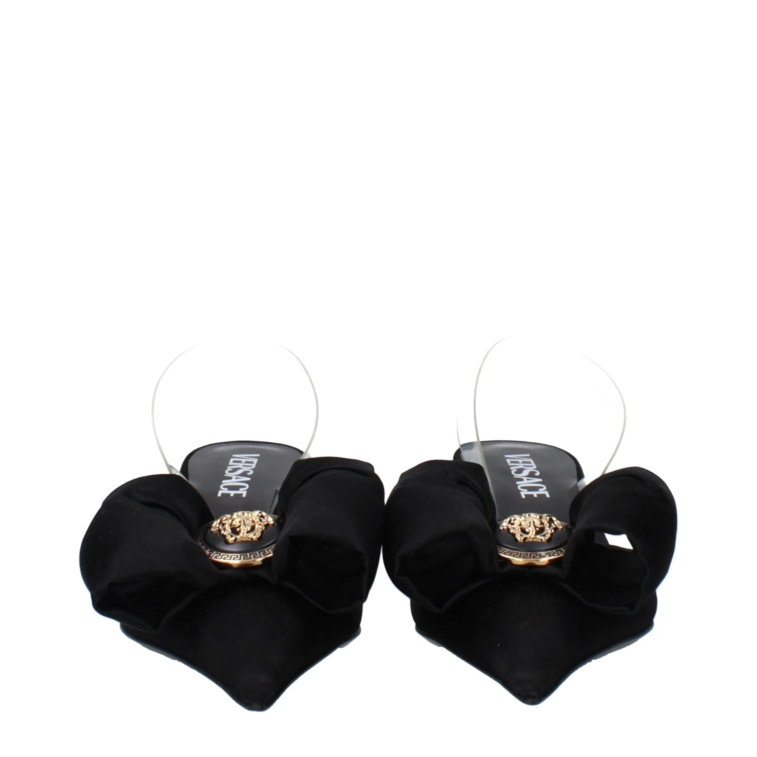 Black satin Versace flat sandals with a decorative front bow and gold Medusa emblem.