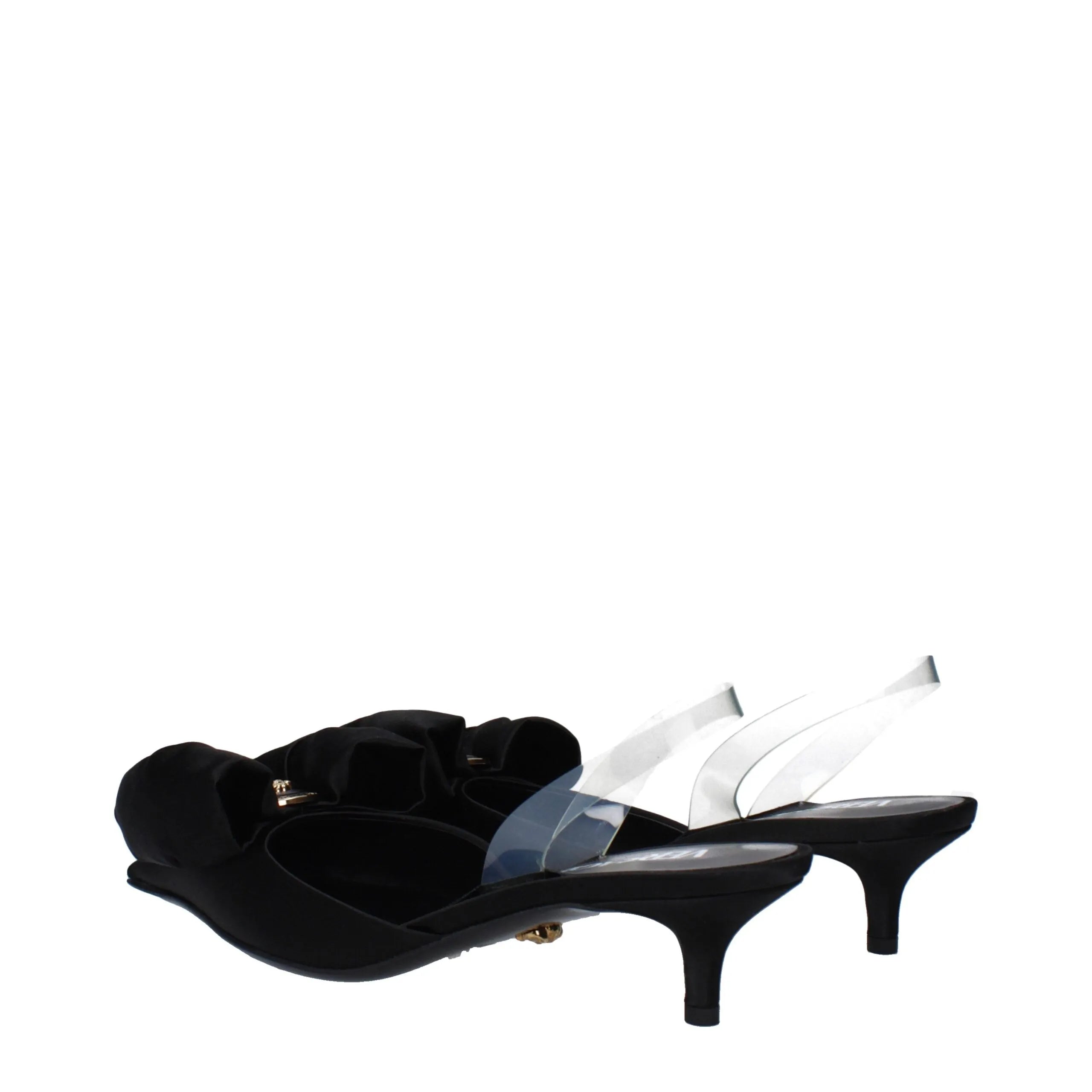 Black satin pointy-toe slingback sandals with a decorative front detail, transparent strap, and 4.5cm mid heels.