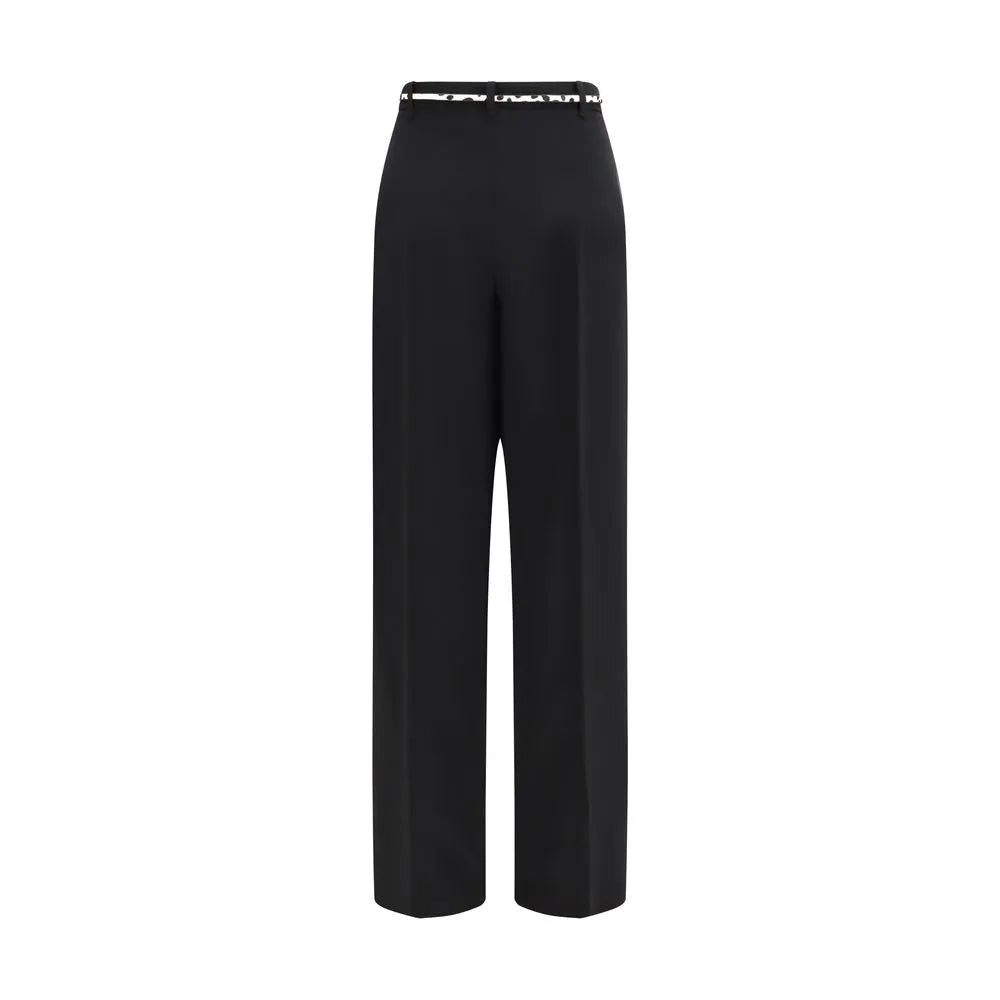 Black triacetate wide-leg pants with high waist, double pleats, and a thin white belt.
