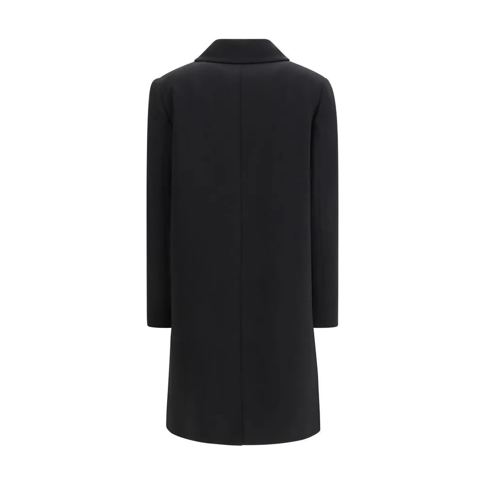 Black triacetate overcoat, back view. Max Mara Studio Racconto with streamlined silhouette and classic collar.