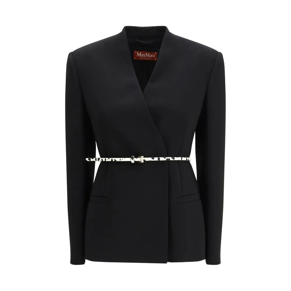 Black Max Mara Studio triacetate cady jacket with standing collar, cinched waist, and a slim white cow-print belt.
