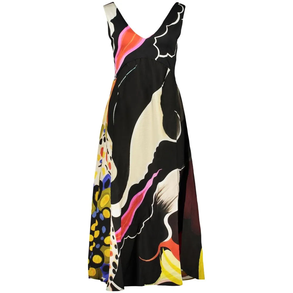 DESIGUAL black viscose maxi dress featuring a vibrant abstract op art print, V-neck, and wide straps.
