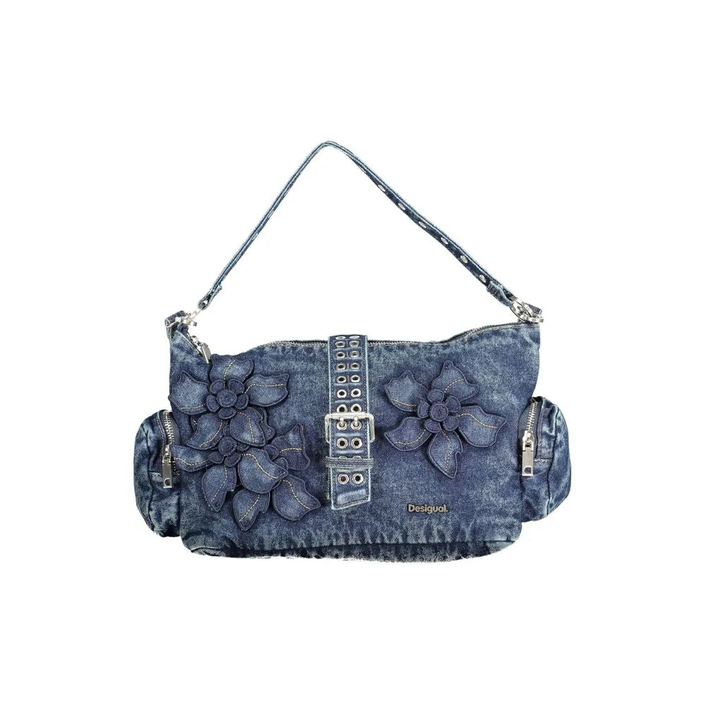 Desigual blue cotton denim shoulder bag with decorative flower appliques, central buckle, and zippered side pockets.