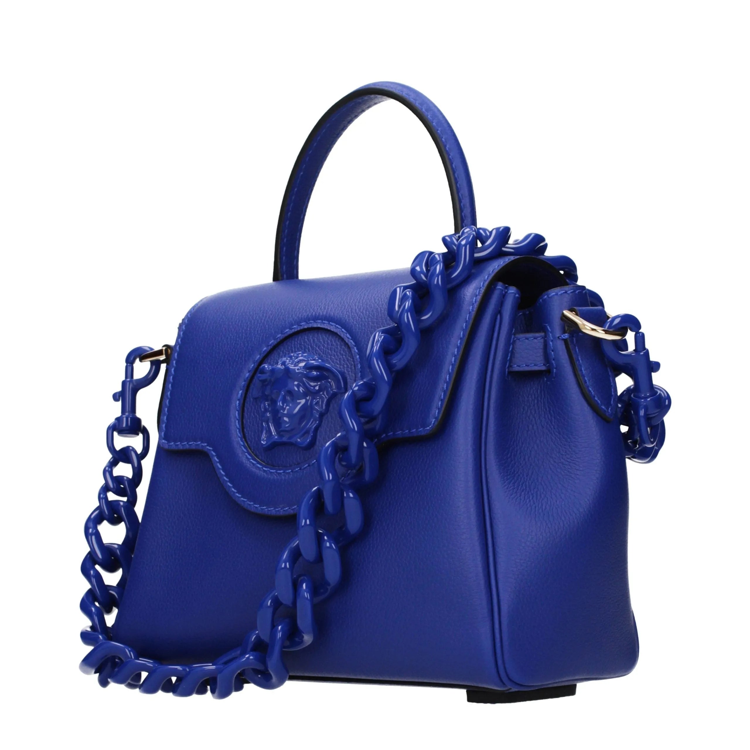 Versace blue leather handbag with embossed Medusa head front detail, top handle, and chunky removable chain strap.