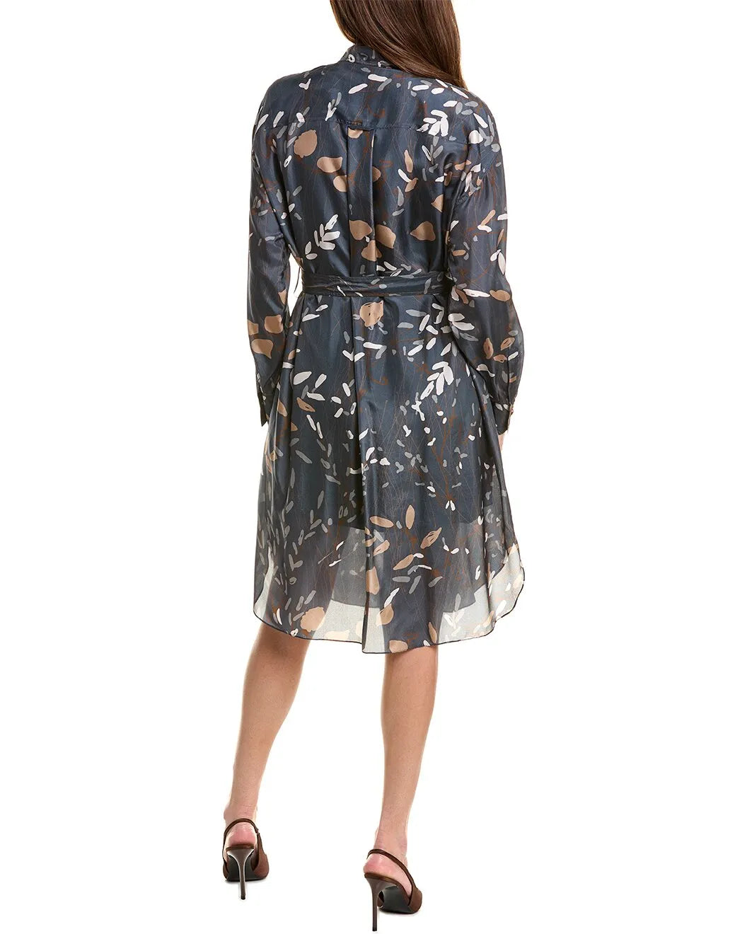 Brunello Cucinelli blue silk shirt dress with brown and white leaf print, long sleeves, and belted waist.