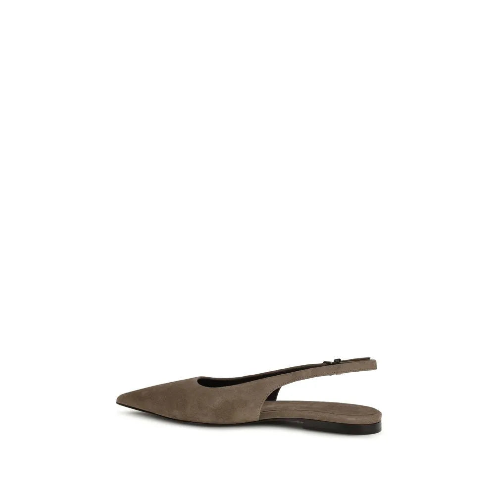 Taupe suede almond toe ballet flats with an adjustable slingback strap.