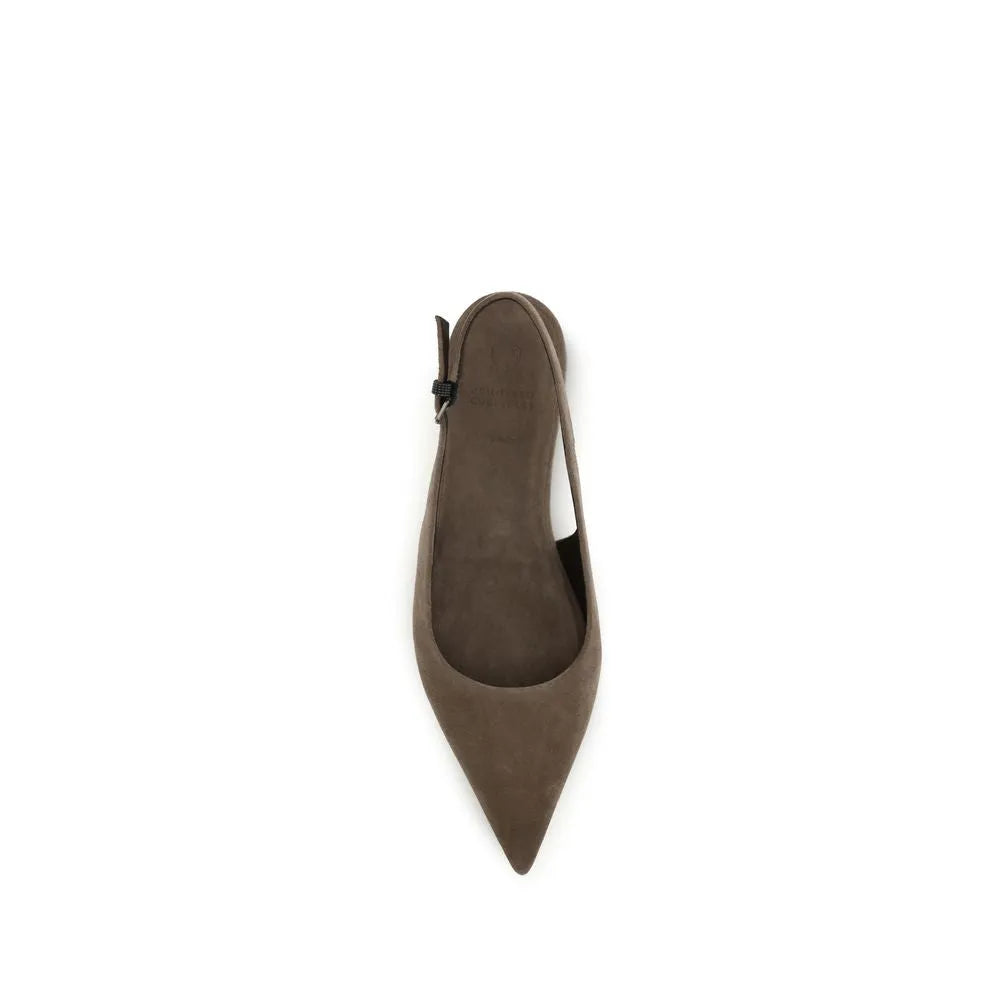 Brunello Cucinelli women's brown suede almond toe slingback ballet flat with buckle.