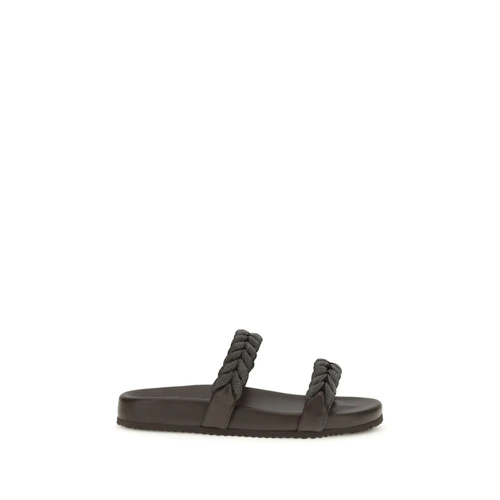Brown calf leather flat sandals with two dark, wide braided straps.