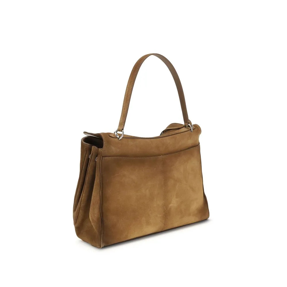 Brown waxed suede calfskin Balenciaga Medium Rodeo shoulder bag with top handle and antique silver hardware.