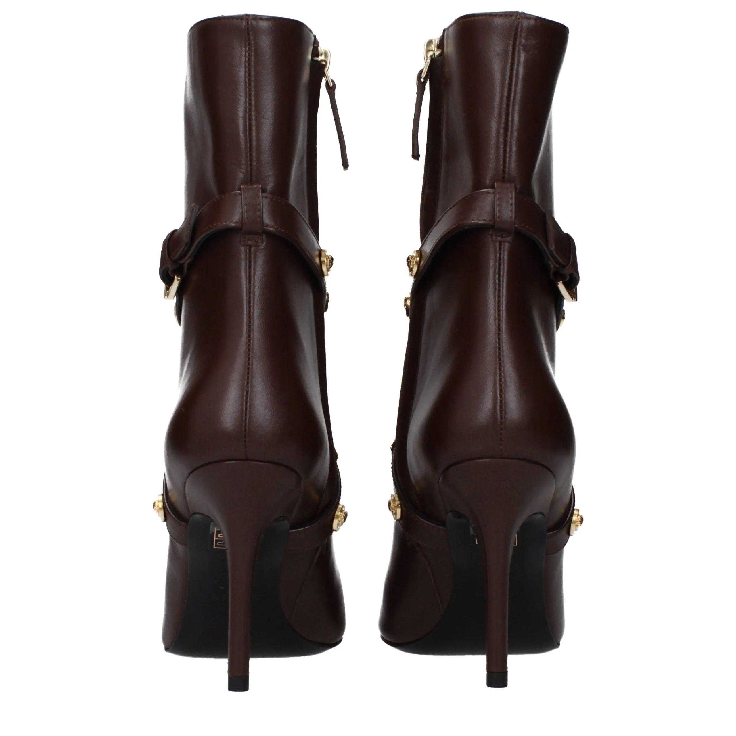 Versace chocolate leather ankle boots, back view, with high heels, zip closure, and gold buckle details.