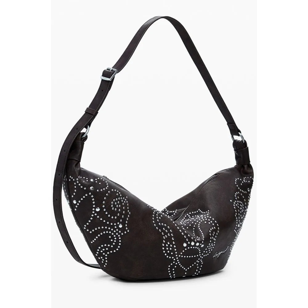 Brown polyethylene women's hobo handbag by Desigual, featuring intricate silver stud patterns and an adjustable strap.