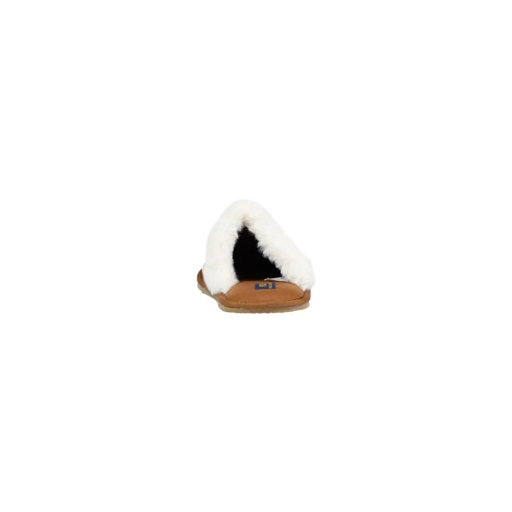 Cozy brown Ralph Lauren KELCIE textile slipper with white plush lining and embroidered logo.