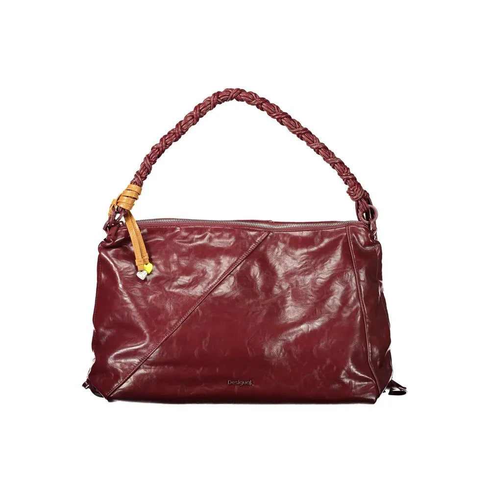 Burgundy polyurethane Desigual women's shoulder bag with braided handle and colorful contrasting cord detail.