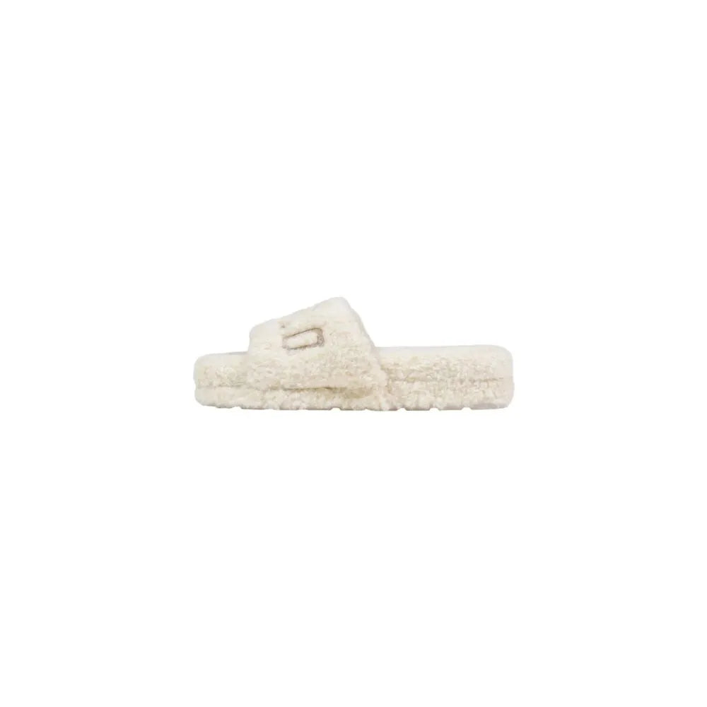 Cozy cream sherpa textile women's platform slide slippers with a subtle metallic Ralph Lauren logo.