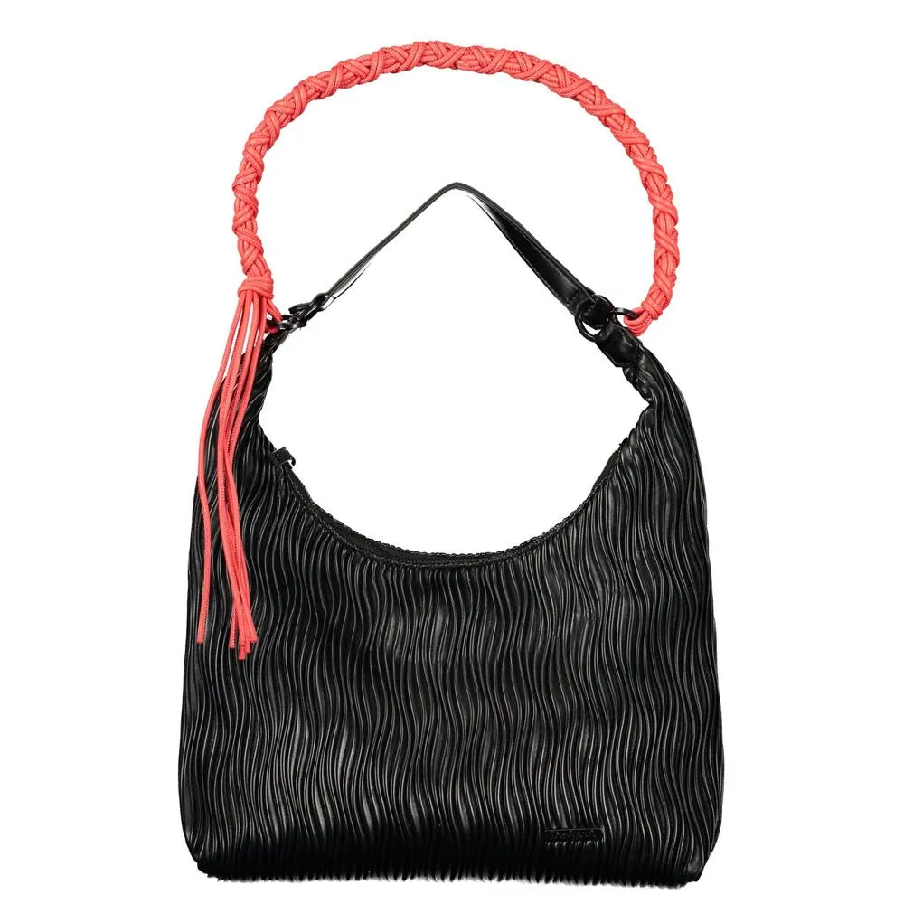 Black polyurethane women's shoulder bag with wavy texture and a contrasting coral braided top handle with tassels.