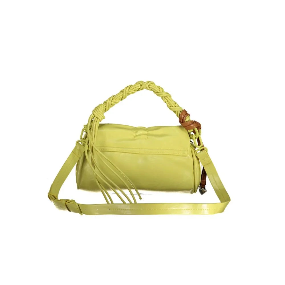 Giallo yellow polyurethane women's mini flap bag with braided top handle, decorative fringe, and adjustable strap.
