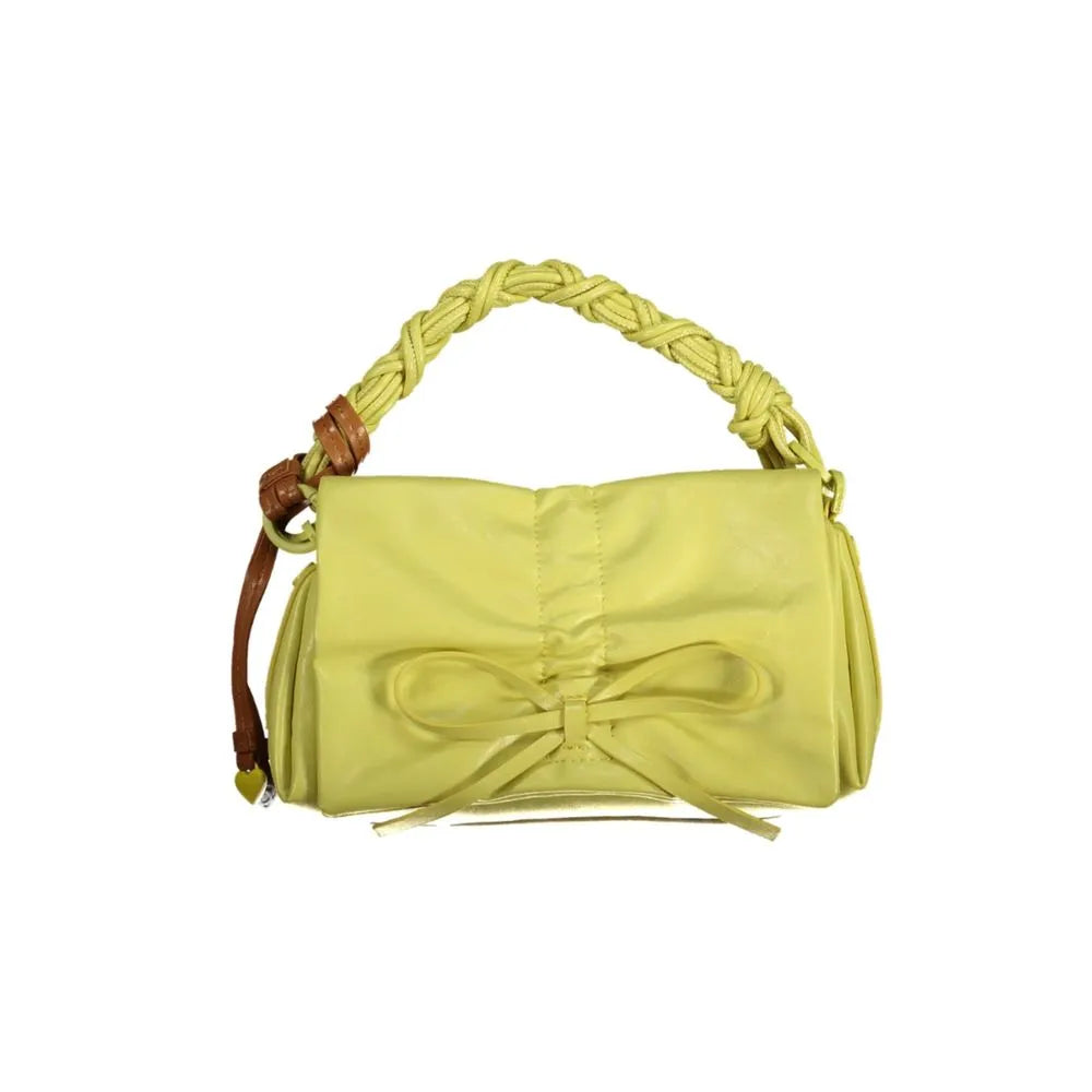 Giallo polyurethane mini flap bag with braided handle, ruched body, front bow, and brown accent.