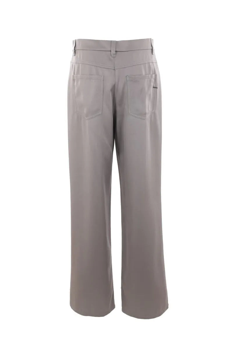 Iron-colored gray acetate blend casual pants, back view, featuring two stitched back pockets and belt loops.