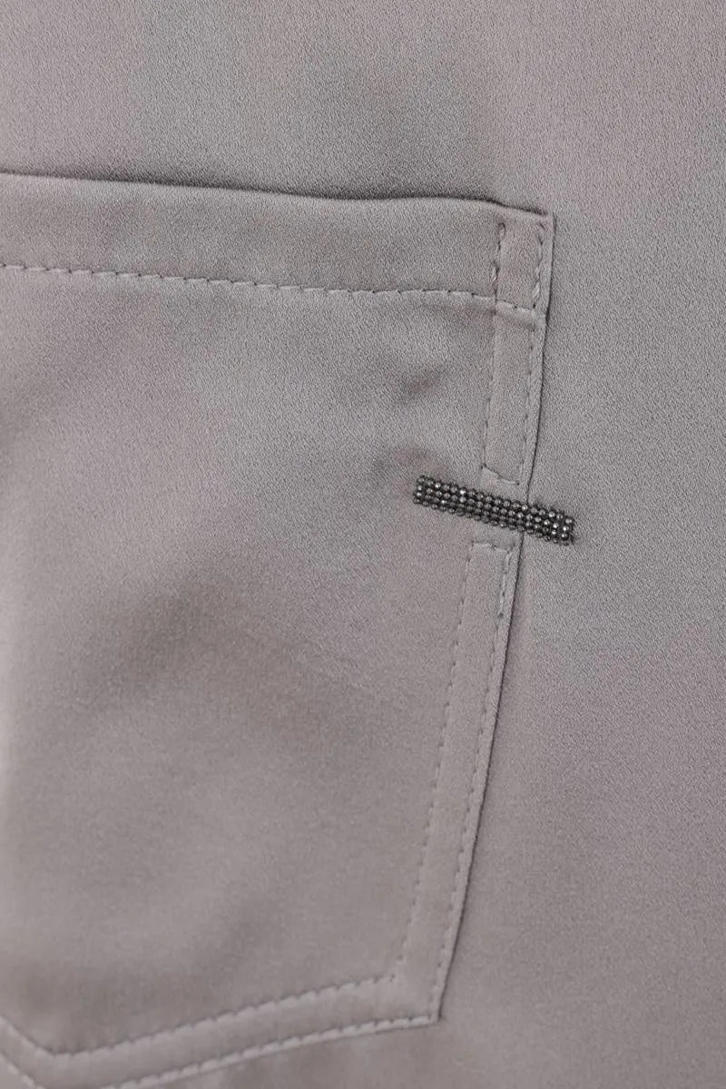 Brunello Cucinelli gray acetate blend pants, close-up of pocket with sparkling Monili detail.
