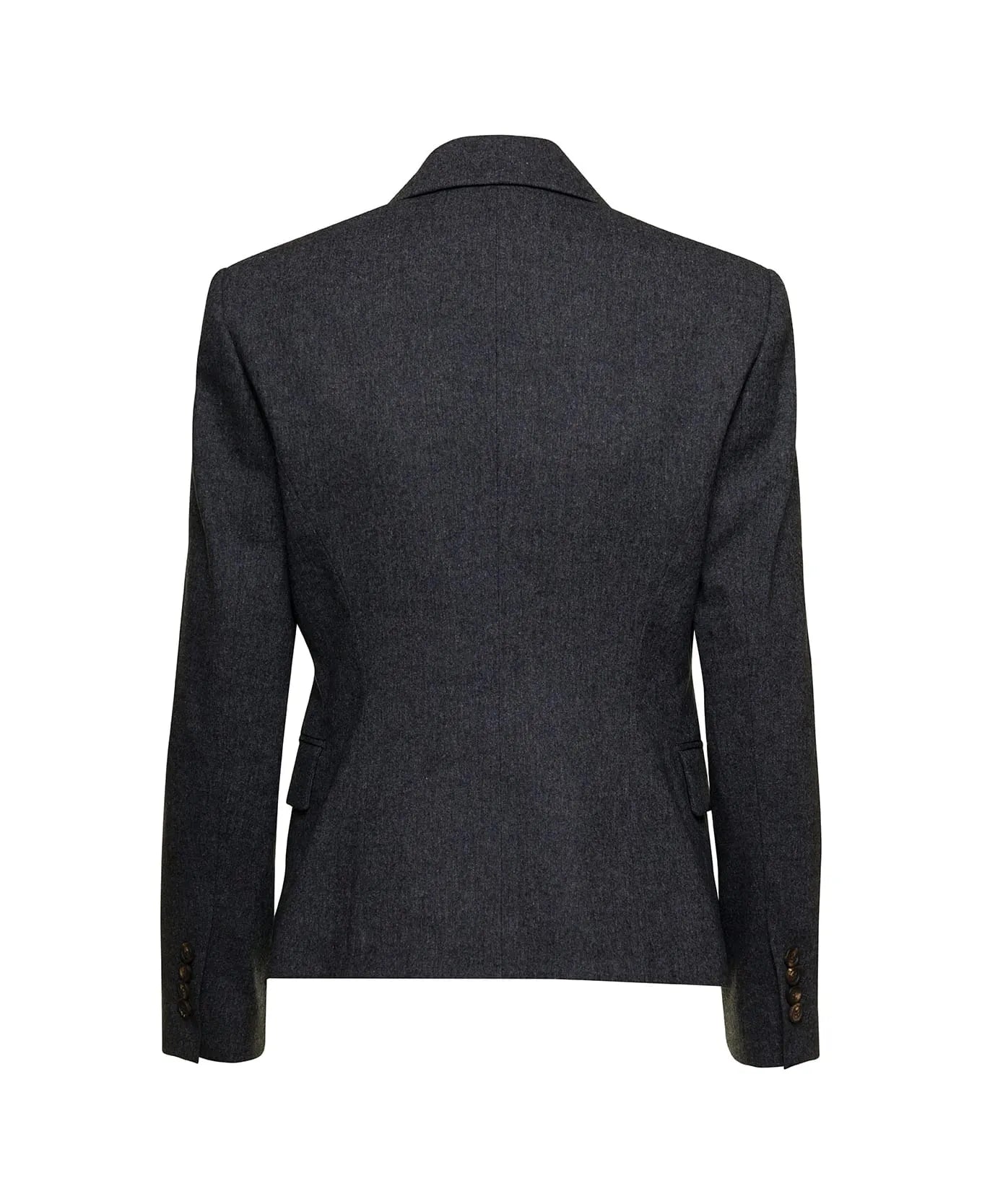 Brunello Cucinelli women's dark grey wool blend blazer, back view, tailored fit, buttoned cuffs.