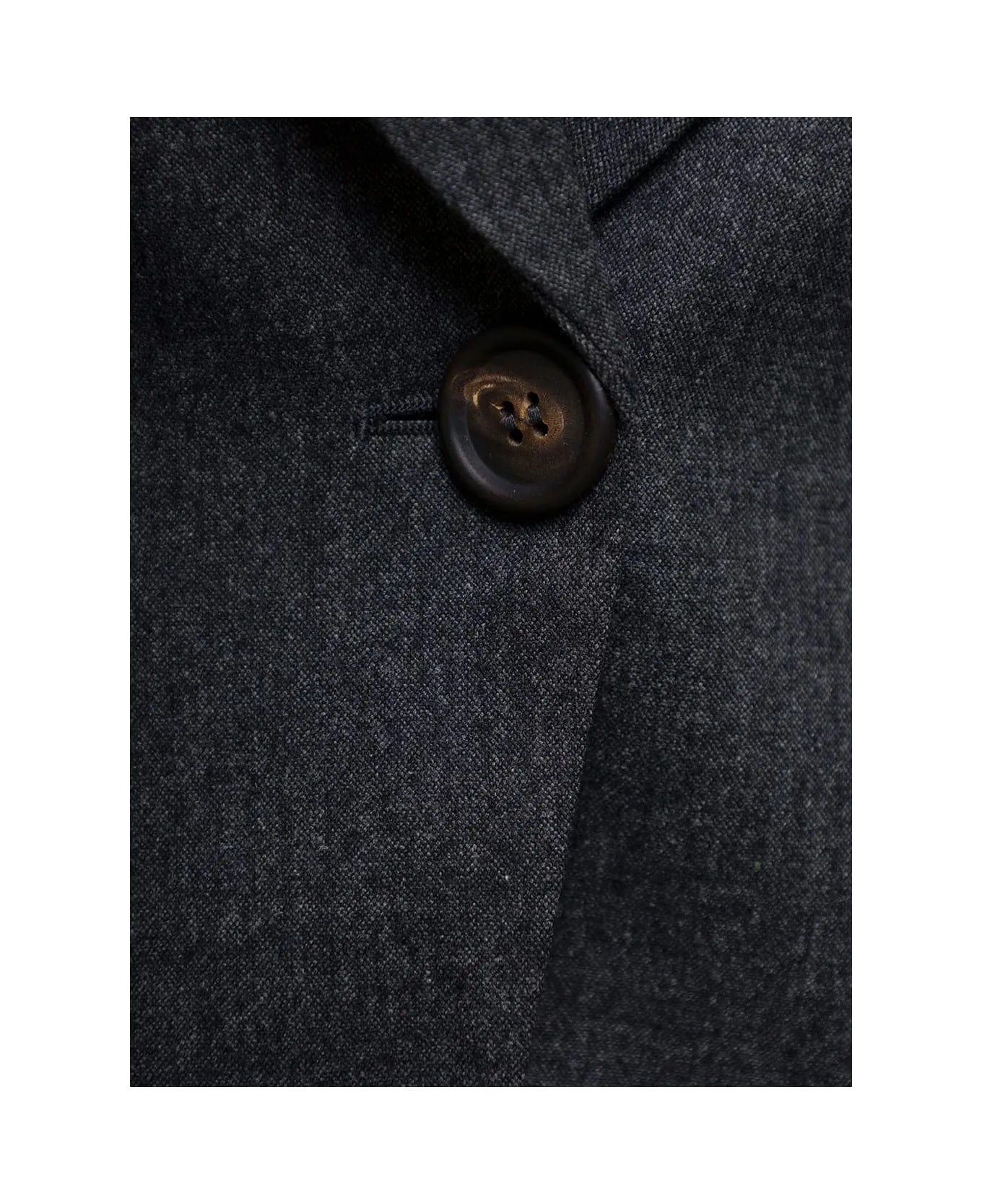 Dark grey wool blend blazer with a single dark brown button and tailored stitching.