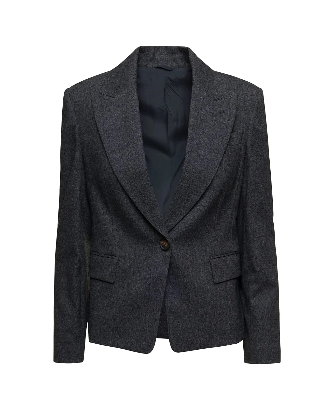 Dark grey Brunello Cucinelli women's wool blend blazer with single-button closure, notched lapels, and flap pockets.