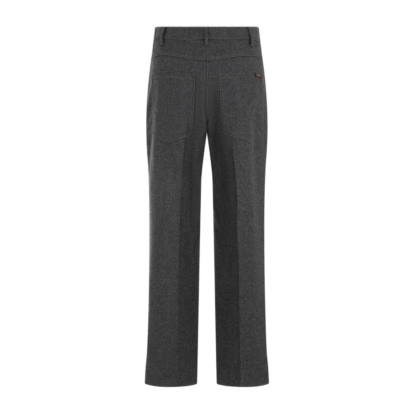 Dark grey Brunello Cucinelli women's wool-cashmere blend trousers with back pockets.