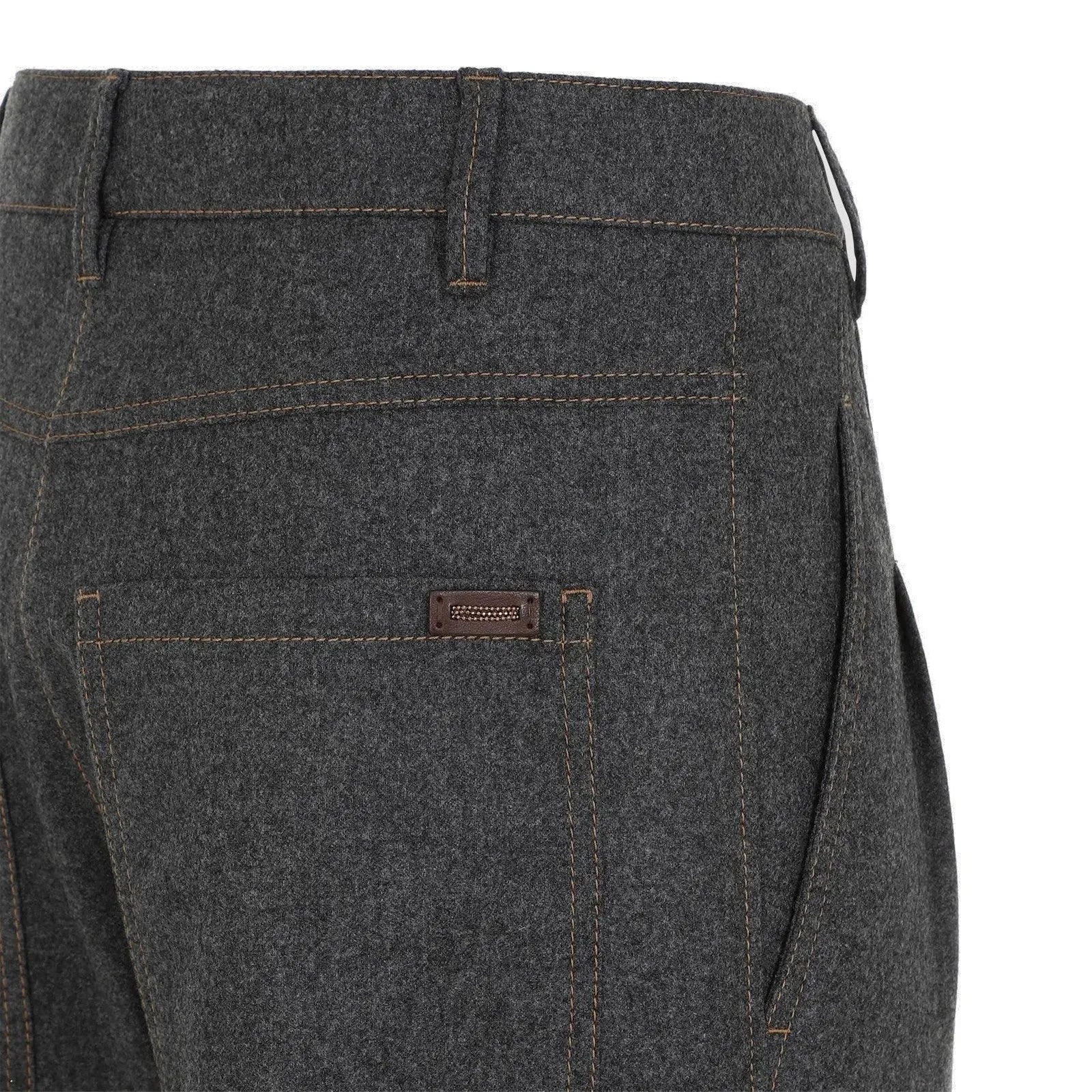 Dark grey Brunello Cucinelli women's wool cashmere trousers, close-up of back pocket with brown stitching and tag.