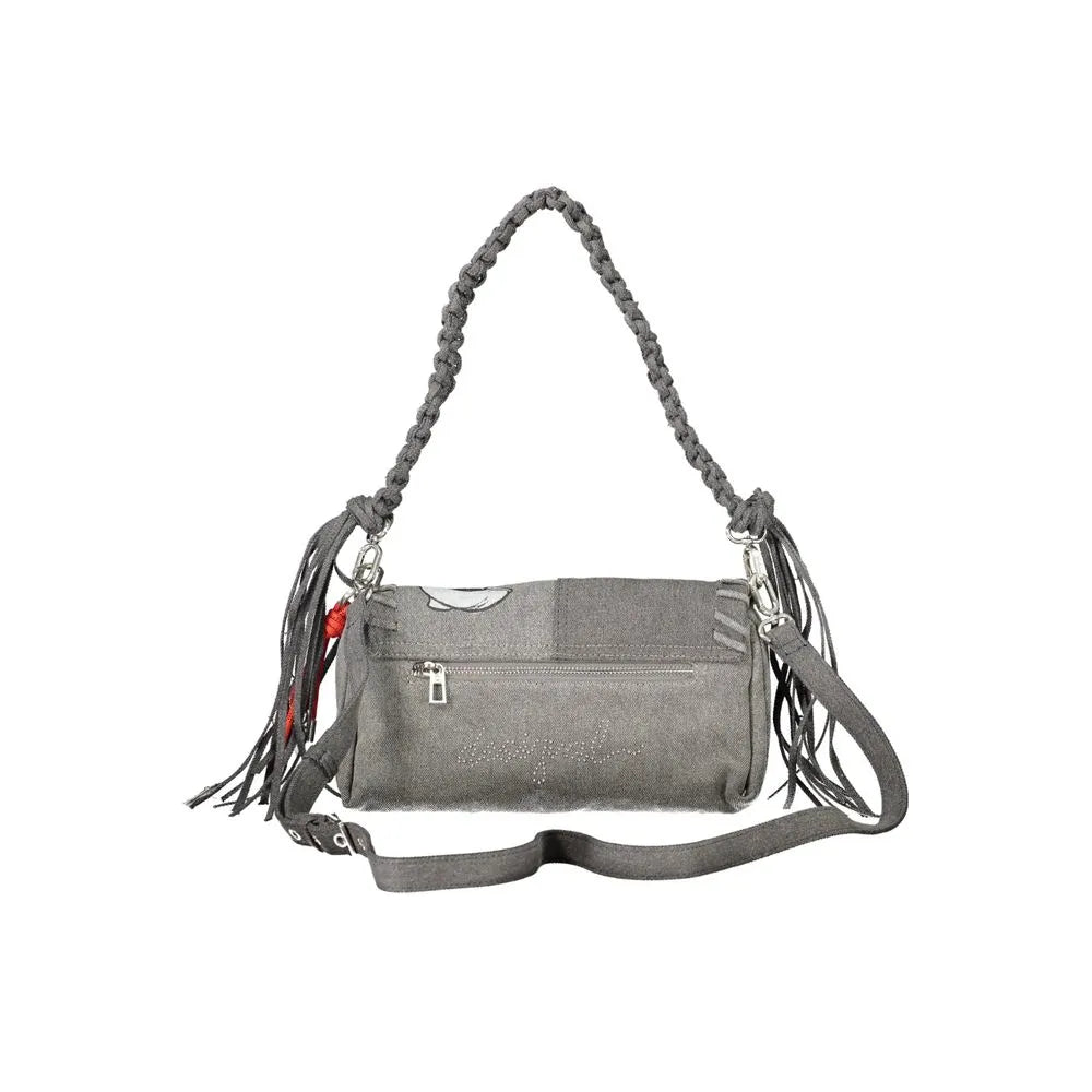 Grigio cotton blend women's handbag with braided top handle, side fringes, front zip pocket, and adjustable shoulder strap.