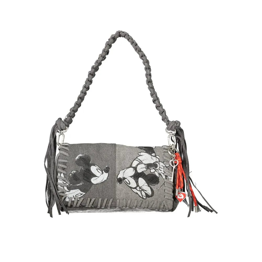 Desigual grey cotton flap bag with Mickey & Minnie Kiss print, braided handle, fringe, and red key ring.