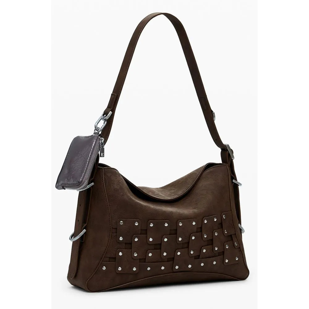 Marrone polyurethane women's handbag with a studded woven front design, adjustable strap, and detachable grey coin purse.