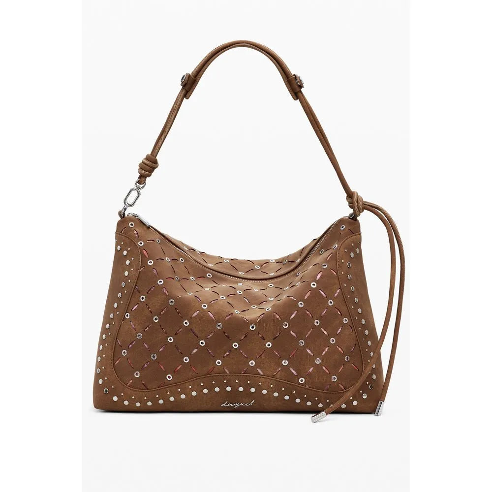 Brown polyurethane mini shoulder bag with perforated diamond pattern, silver studs, visible pink lining, and Desigual logo.