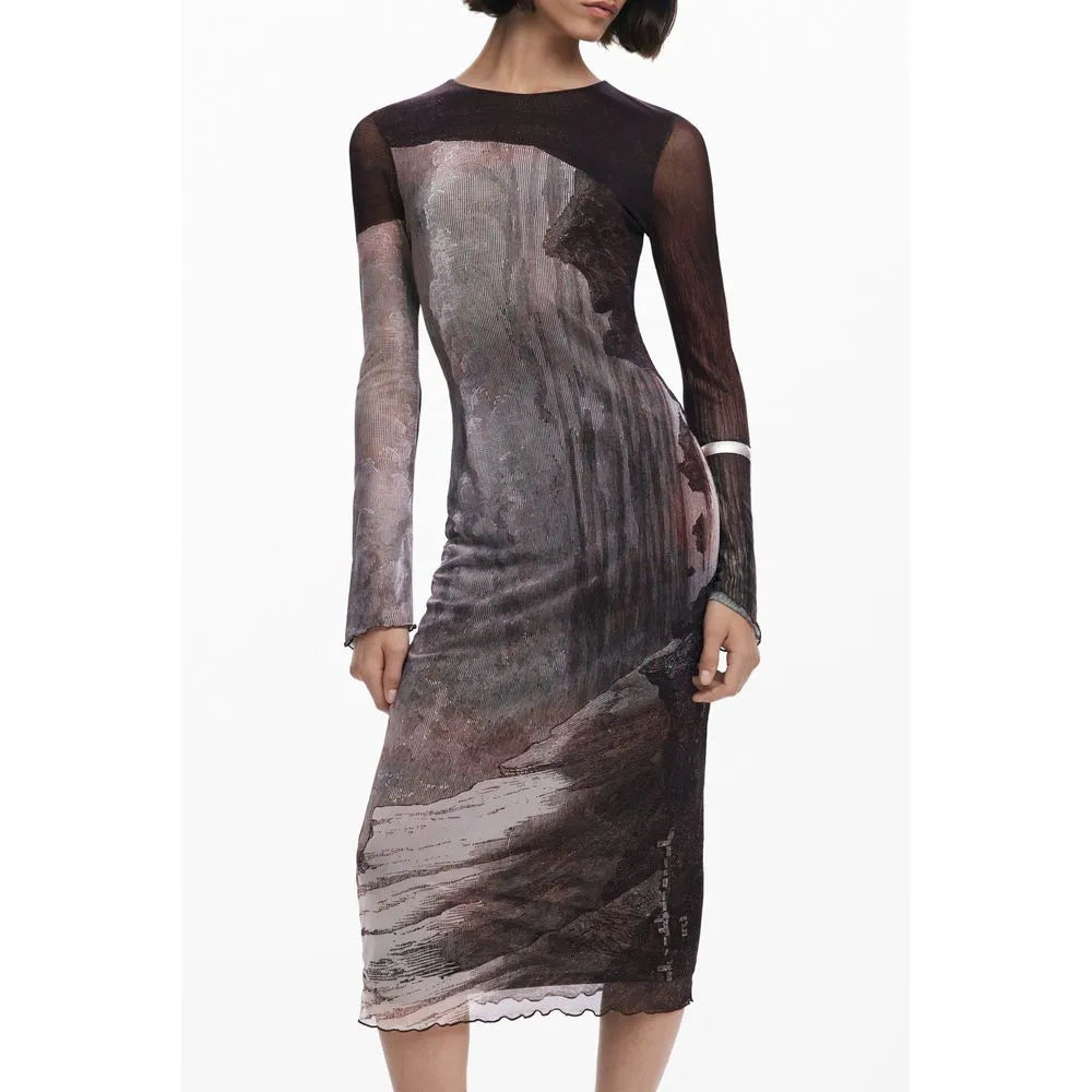 Marrone DESIGUAL long-sleeve midi dress with abstract earthy print, crew neck, and sheer polyester blend.