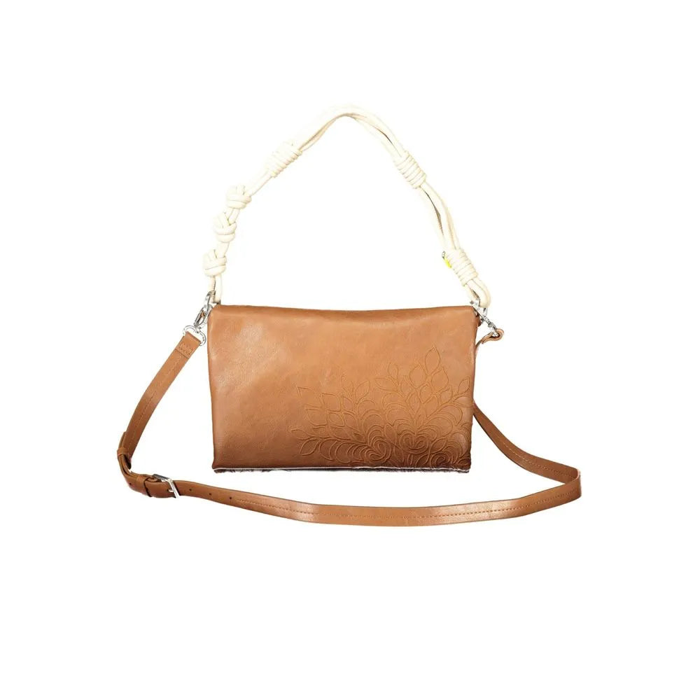 Marrone polyurethane women's handbag with embossed floral design, braided cream shoulder handle, and long adjustable strap.