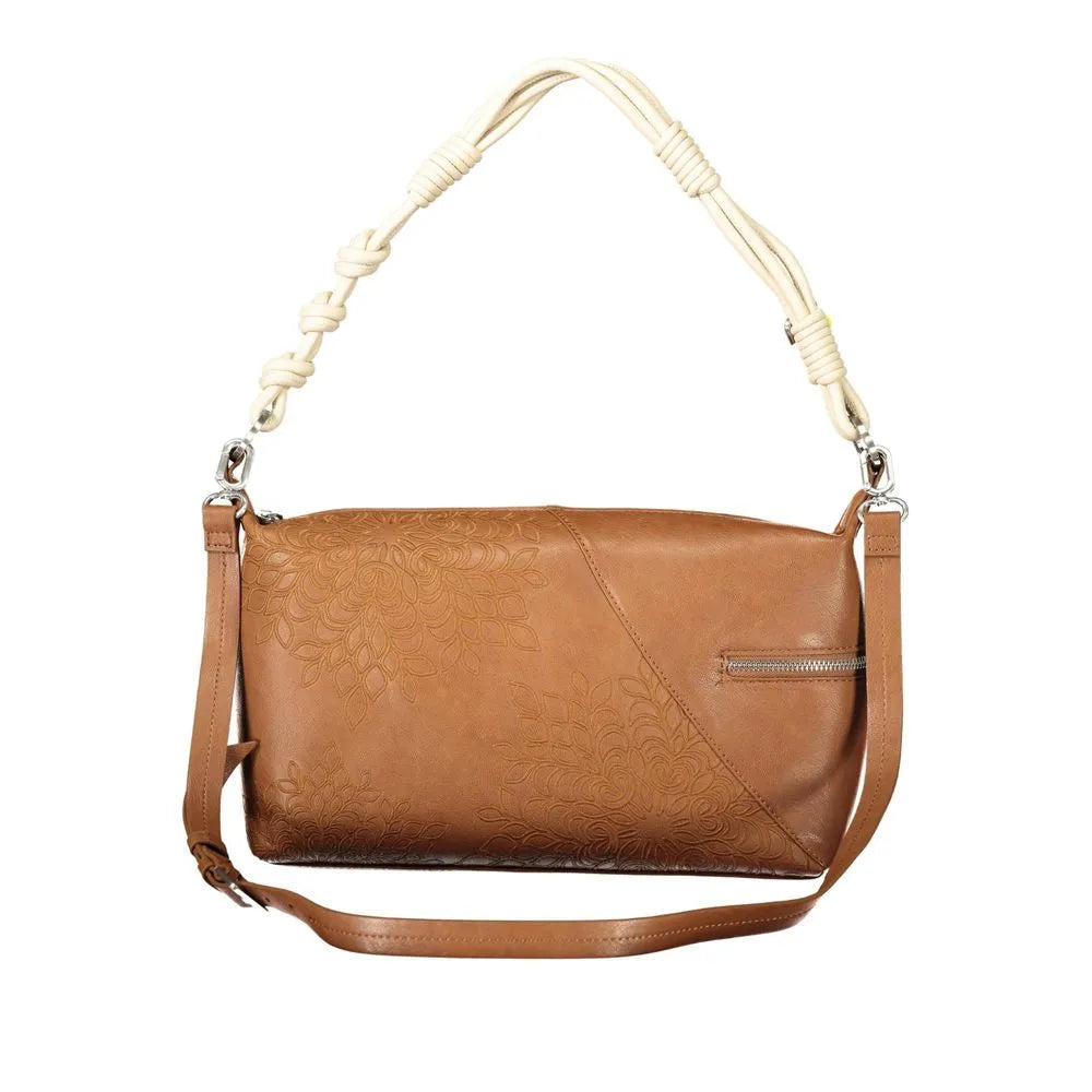 Marrone polyurethane women's shoulder bag with embossed floral pattern, cream knotted handle, and external zip pocket.