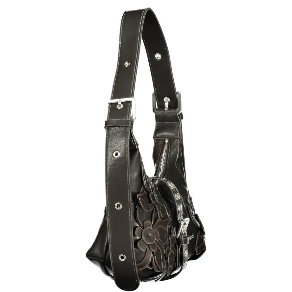 Desigual Marrone polyurethane women's shoulder bag with floral appliqués, adjustable strap, and silver hardware.