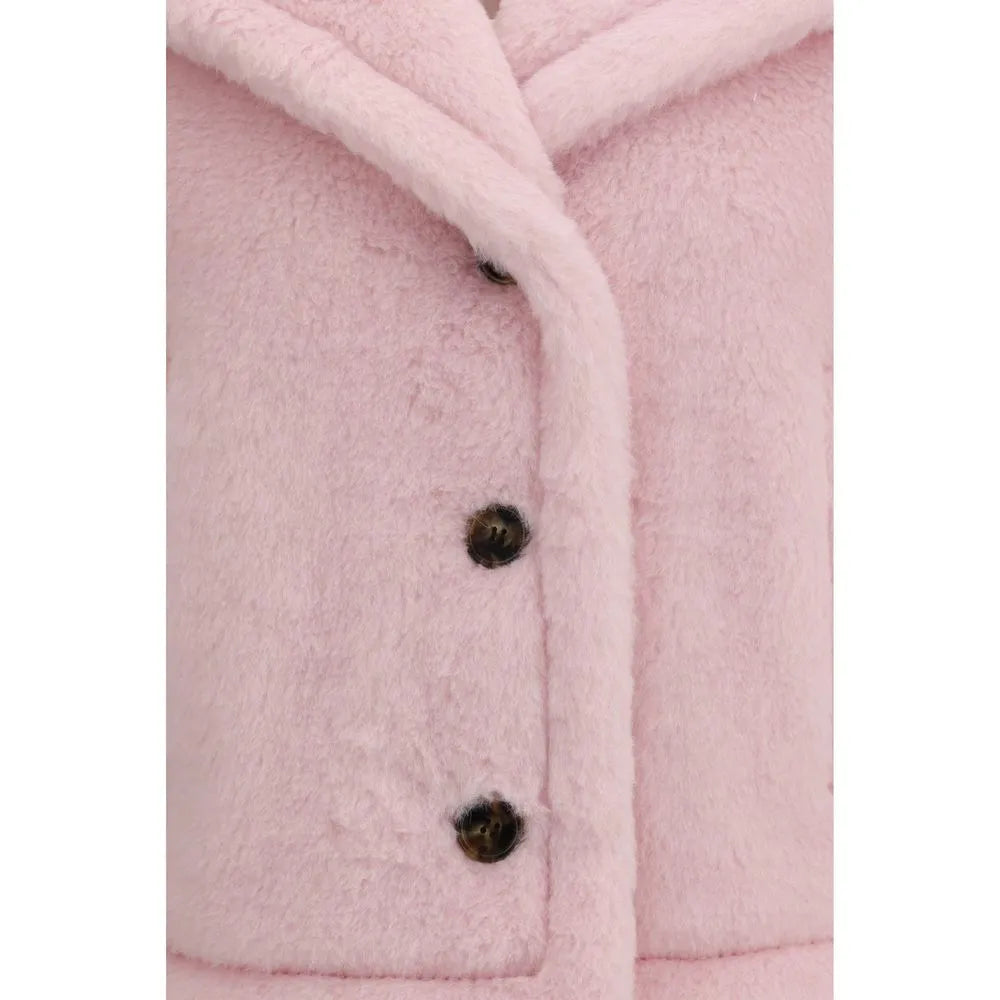 Soft pink fuzzy alpaca-blend Corvino jacket with three dark brown buttons.