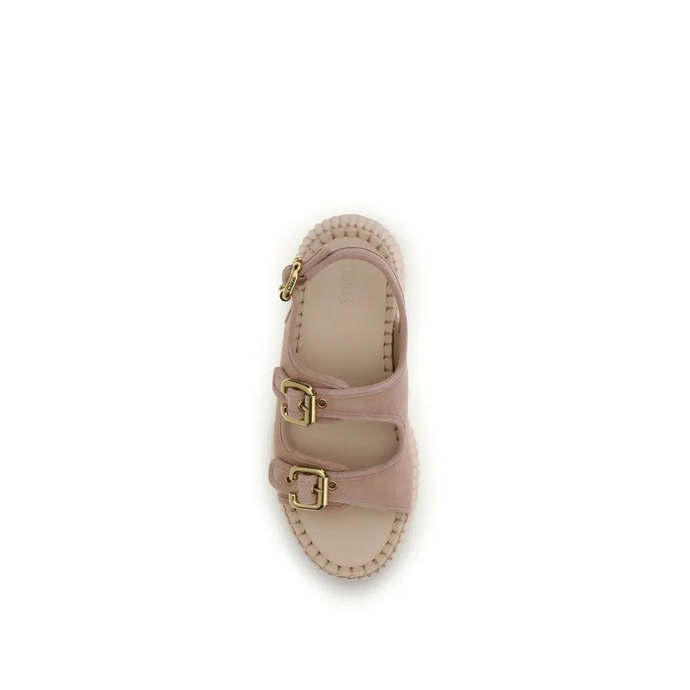 Chloé Nama pink calf leather platform sandals with double front straps, gold buckles, and beige stitched platform.