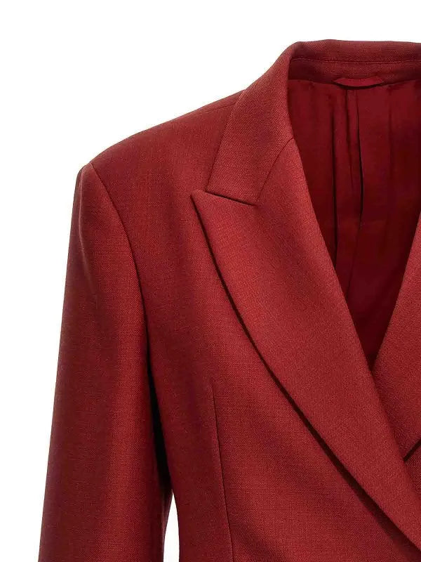 Brunello Cucinelli women's red virgin wool jacket, featuring a structured shoulder and elegant notched lapel.