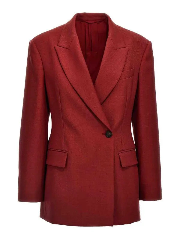 Brunello Cucinelli women's tailored red wool blazer with notched lapels and flap pockets.