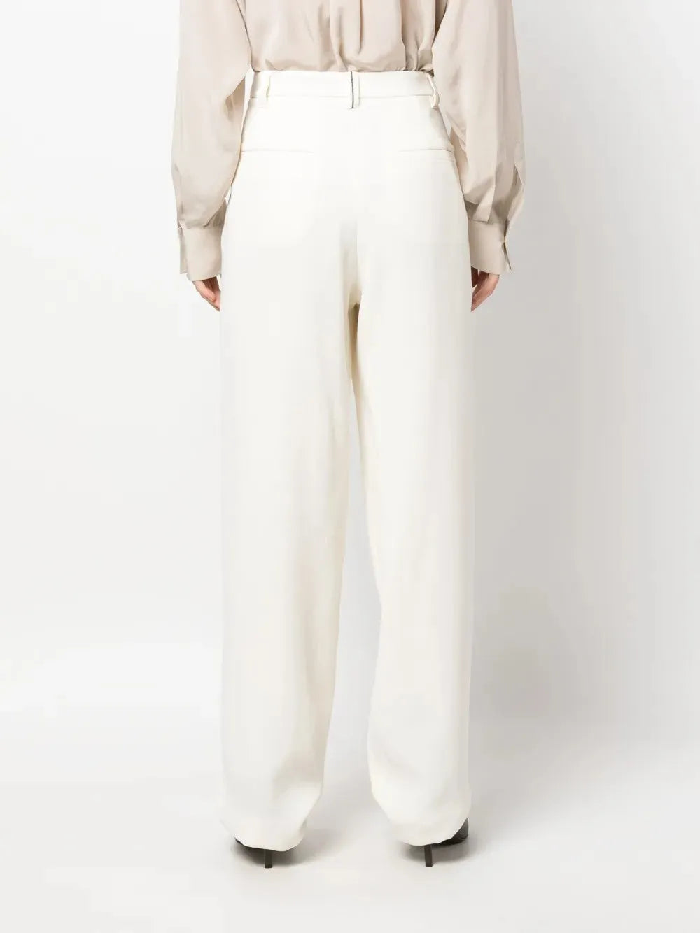 Brunello Cucinelli women's natural viscose-wool wide-leg trousers, high-waisted and flowing.