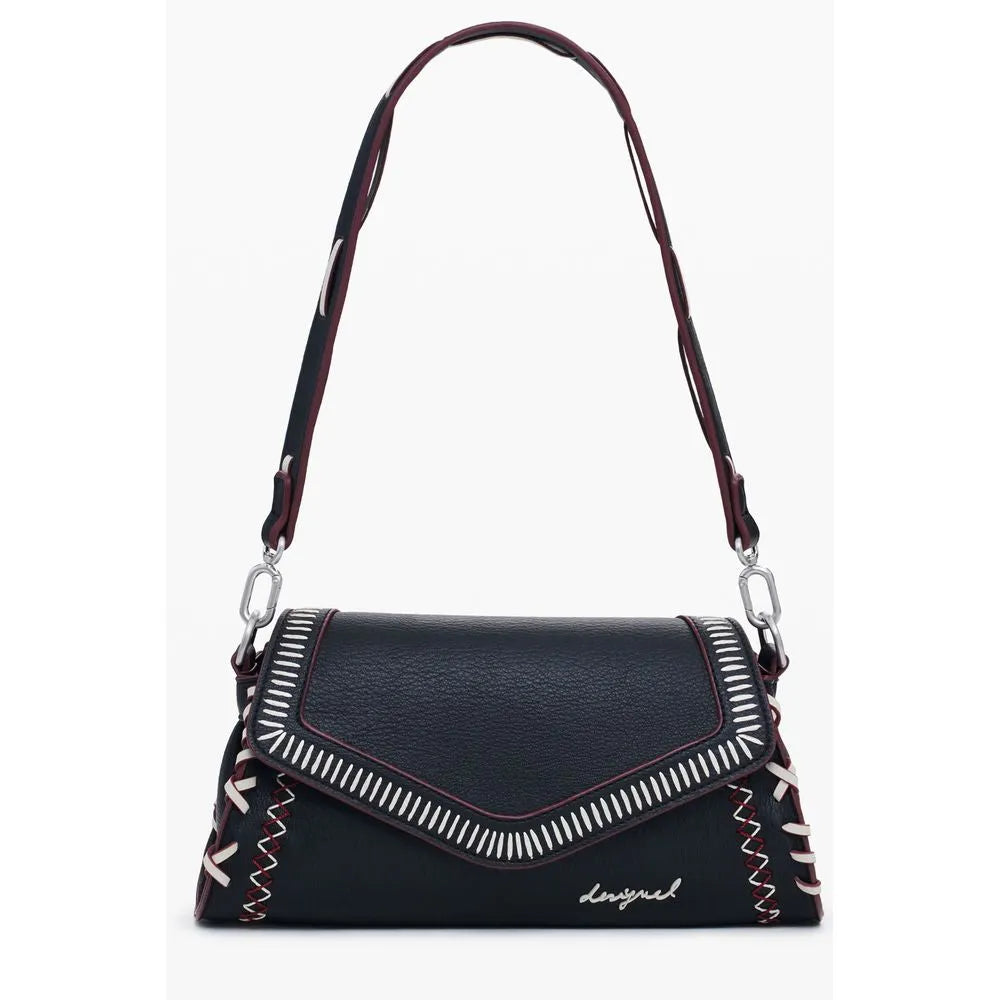 Stylish Desigual black polyurethane shoulder bag with white contrast stitching, red lacing details, and signature script logo.