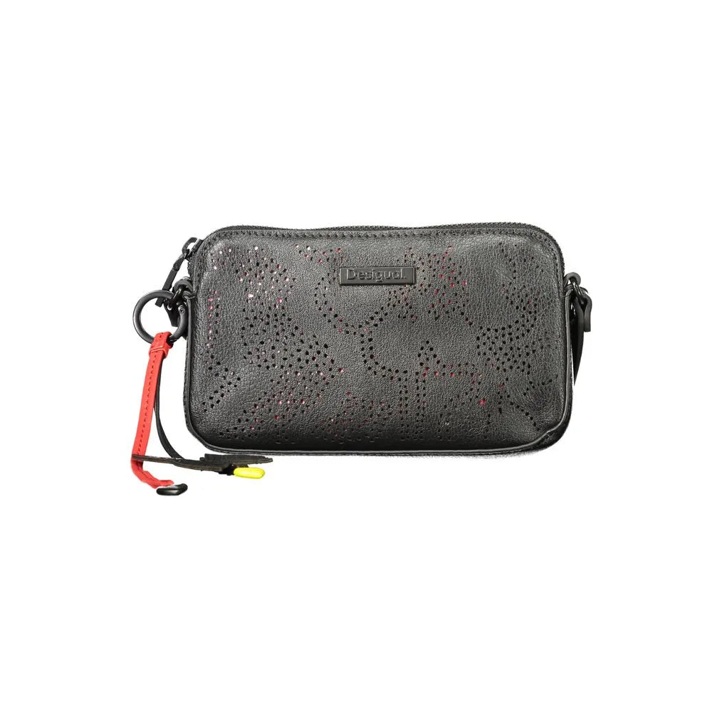 Desigual Nero polyurethane woman's bag with red perforated design, zip closure, and a vibrant keyring.